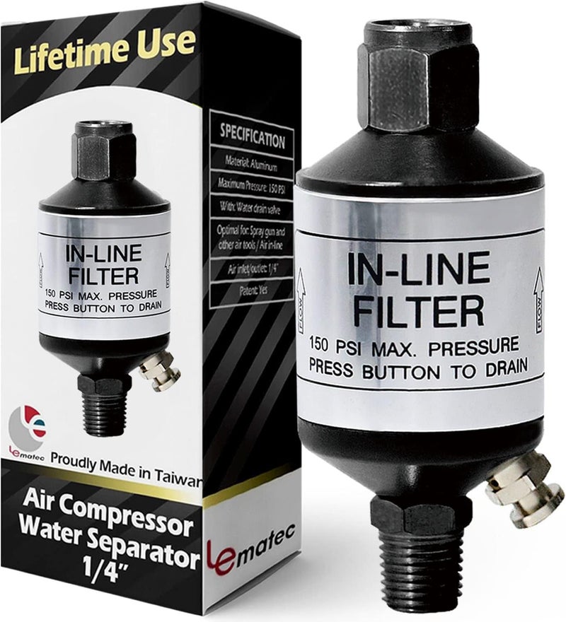 LE LEMATEC Air Compressor Water Separator - 1/4 NPT Inline Moisture Trap, Air Dryer for Pneumatic Tools, HVLP Spray Paint Gun & Airbrush with Easy Drain Valve, AI303 - Image 1